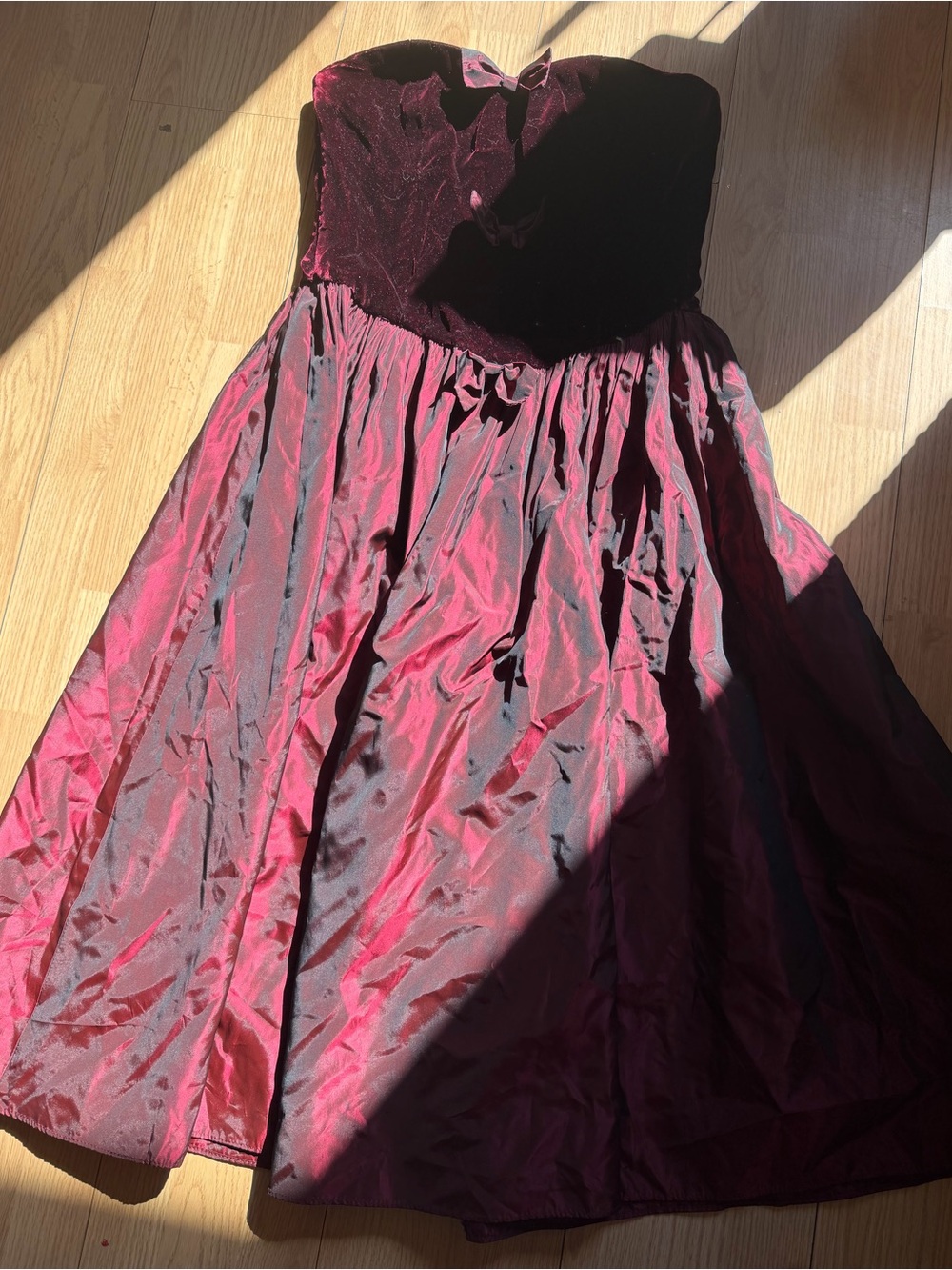 1980’s vintage Strapless Burgundy Prom Dress with Velvet Bodice